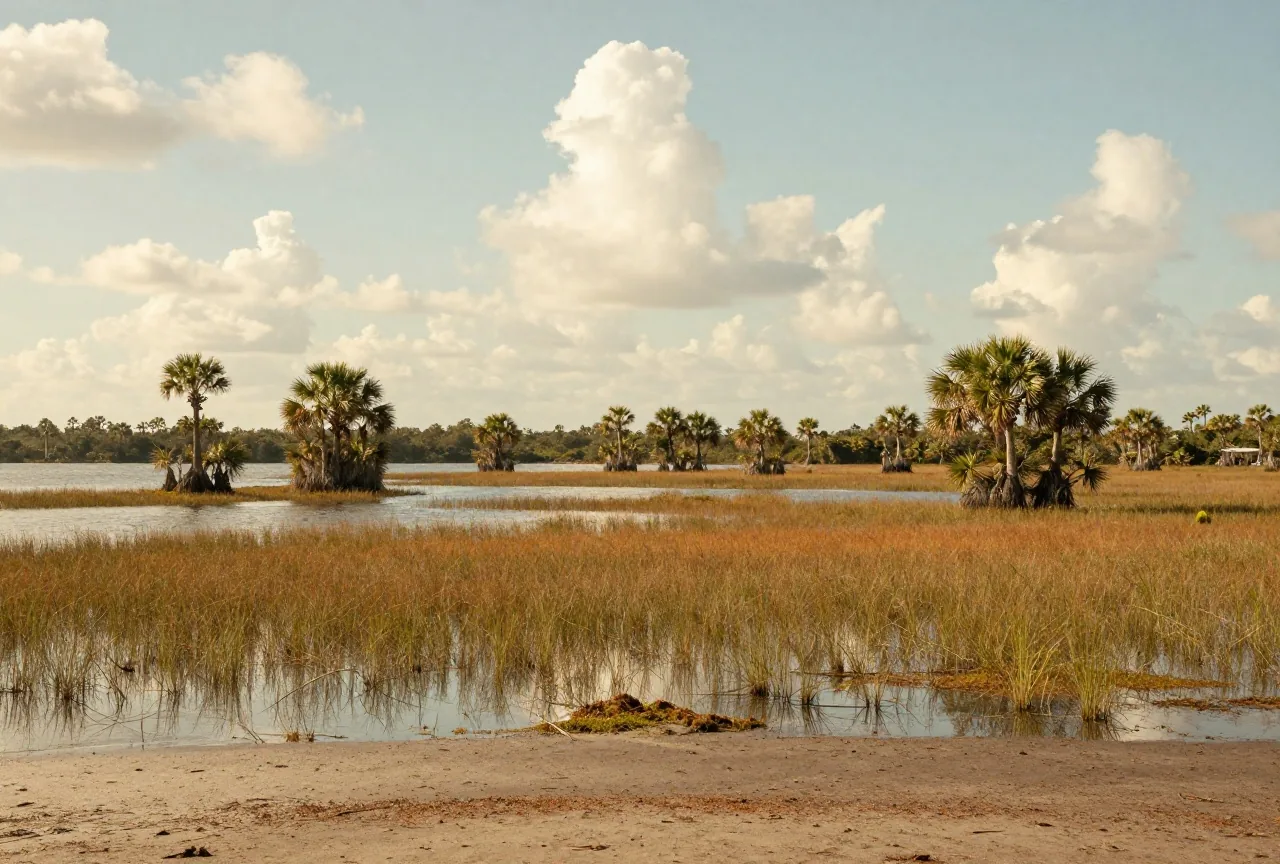 Weite Feuchtlandschaft mit Sägegras, flachen Wasserflächen und Inseln aus Sumpfzypressen und Kohlpalmen unter einem hohen Himmel mit Quellwolken im Licht der späten Nachmittagssonne