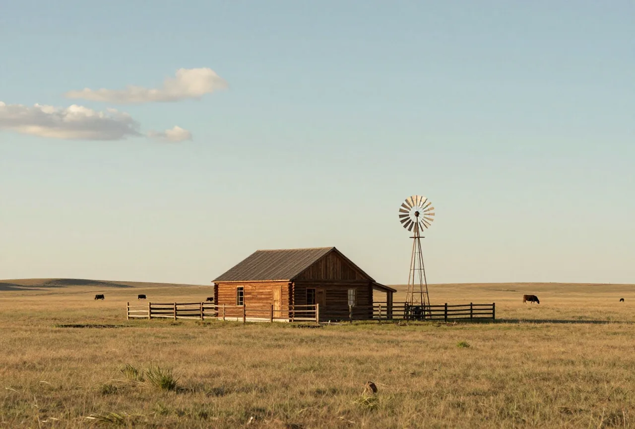 Weite Graslandschaft mit einer einsamen hölzernen Ranch, einem Pferch und einem Windrad unter hohem Himmel im späten Nachmittagslicht