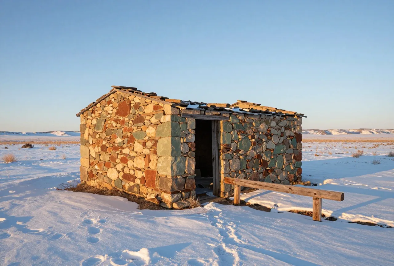 Verfallene Hütte aus Feldsteinen ohne Tür in einer verschneiten, flachen Ebene im ersten Morgenlicht, daneben ein Holzbalken zum Anbinden von Pferden und Hufspuren im Schnee