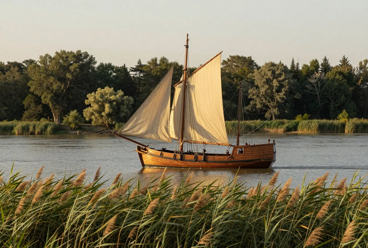 Ein hölzernes Segelschiff aus dem frühen 17. Jahrhundert mit gerefften Segeln vor Anker in einer breiten Flussmündung, bewaldetes Ufer, durch Schilf gesehen im Abendlicht