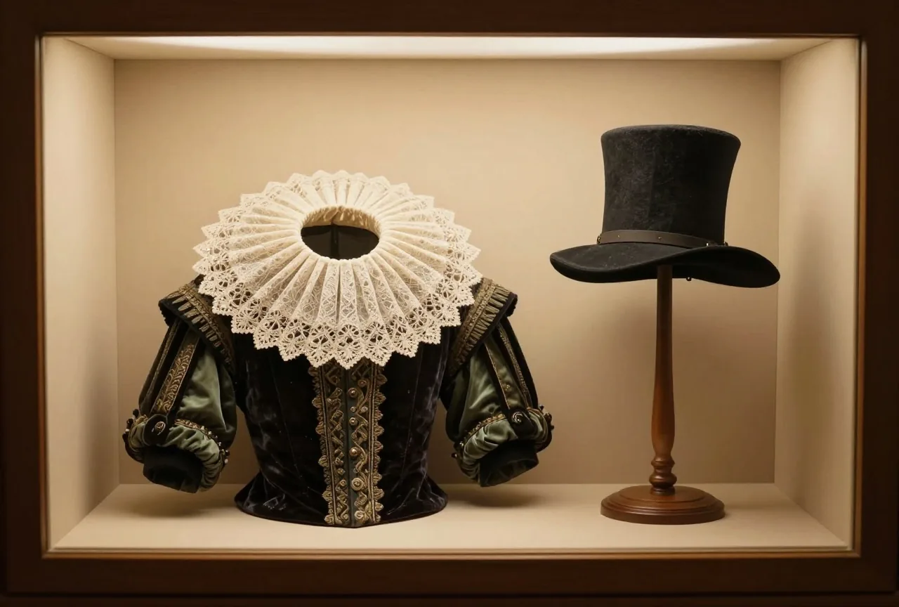 Spitzenkragen, ein besticktes dunkles Samtwams und ein hoher schwarzer Hut auf einem Holzständer in einer Museumsvitrine, Mode des frühen 17. Jahrhunderts, warmes Licht
