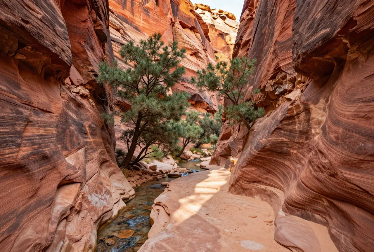 Tiefer Canyon mit roten und ockerfarbenen Felswänden, unten ein schmaler Fluss zwischen Pappeln und Wacholder, warmes Licht der späten Nachmittagssonne