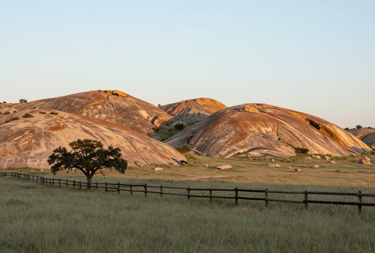 Offenes Grasland im Südwesten Oklahomas mit einer einzelnen Eiche und einem Holzzaun vor niedrigen Granitbergen im weichen Abendlicht