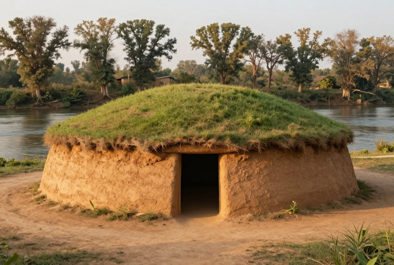 Rundes, mit Gras bewachsenes Erdhaus mit niedrigem Eingangsvorbau auf einer weiten Flussterrasse, im Hintergrund Pappeln am Wasser im warmen Abendlicht