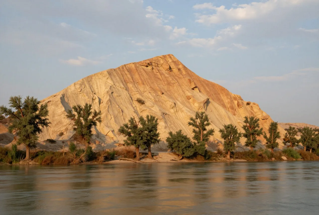 Hoher heller Sandsteinfelsen über einem breiten Fluss mit Pappeln am Ufer, ruhiges Wasser, weiter Himmel mit Abendwolken im warmen Licht der späten Sonne