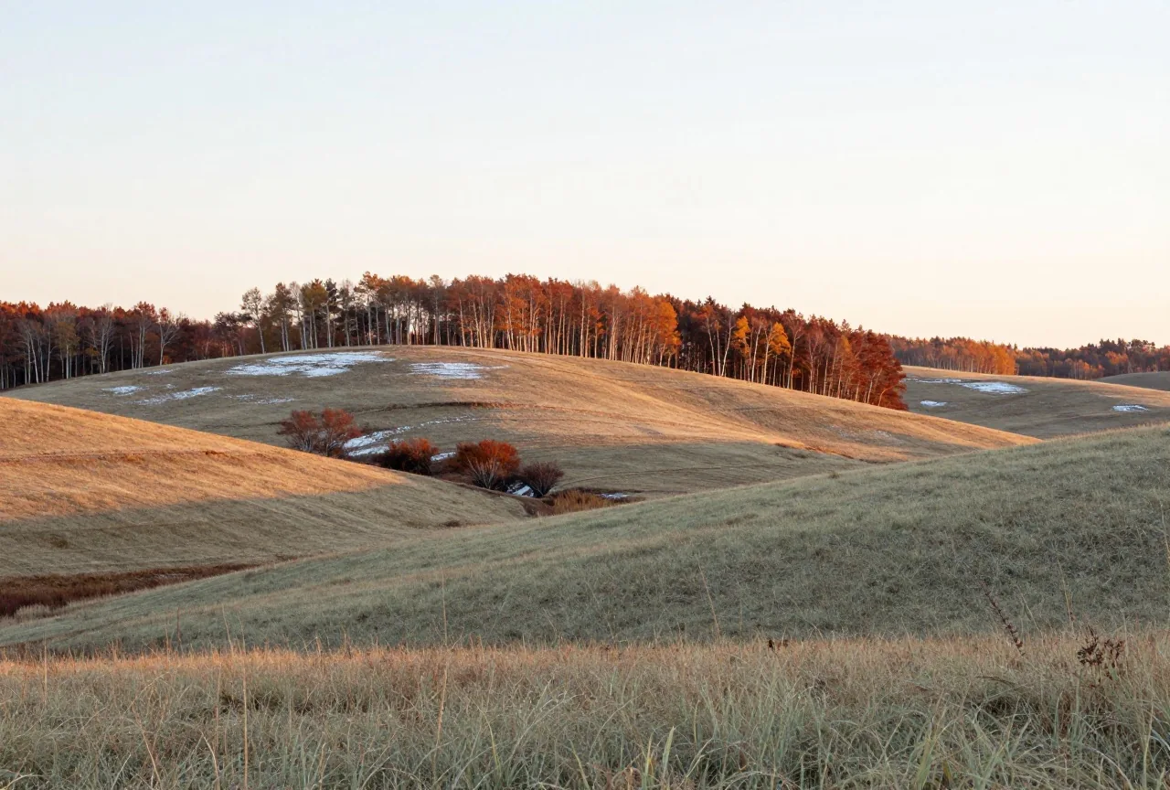 Sanfte, grasbewachsene Hügel unter einem weiten Himmel im Spätherbst, verstreute Espen in einer Senke und dünner Schnee auf den Kuppen im Abendlicht