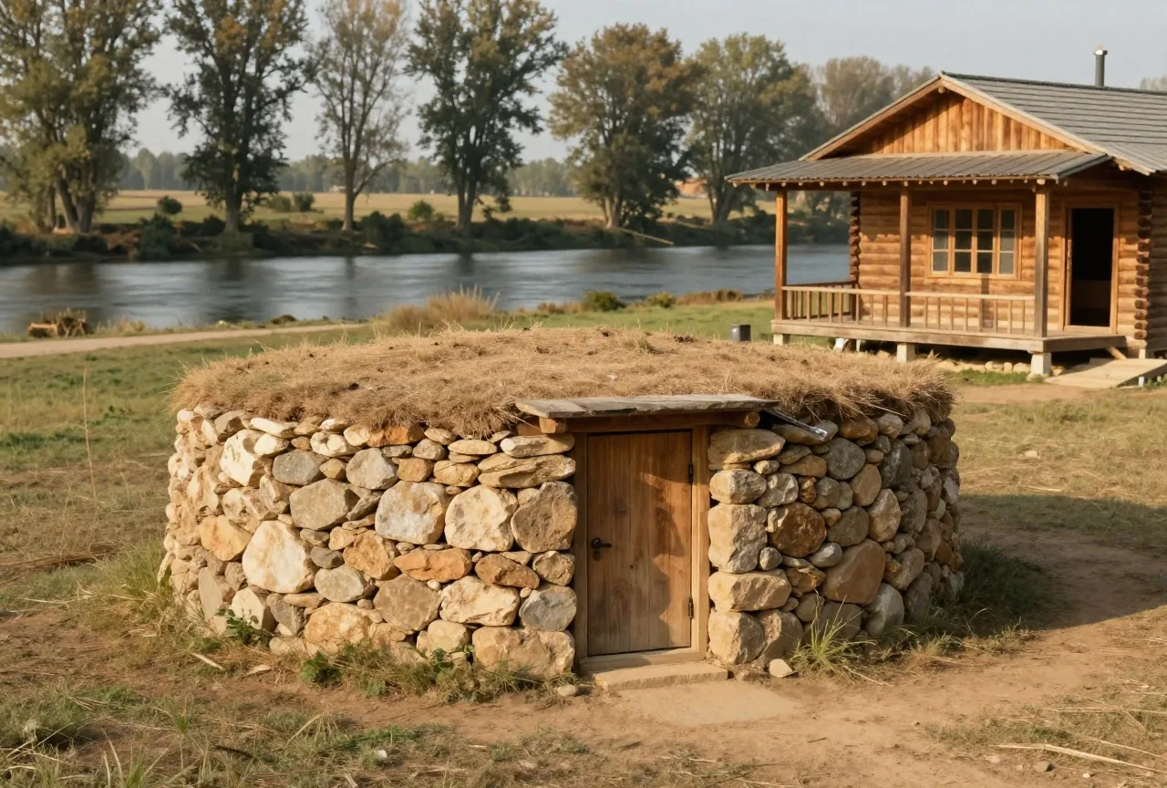 Ein niedriges Pulvermagazin aus grauem Stein und ein zweistöckiges Holzhaus mit Veranda auf einer weiten Grasfläche, dahinter Pappeln am Fluss im Nachmittagslicht