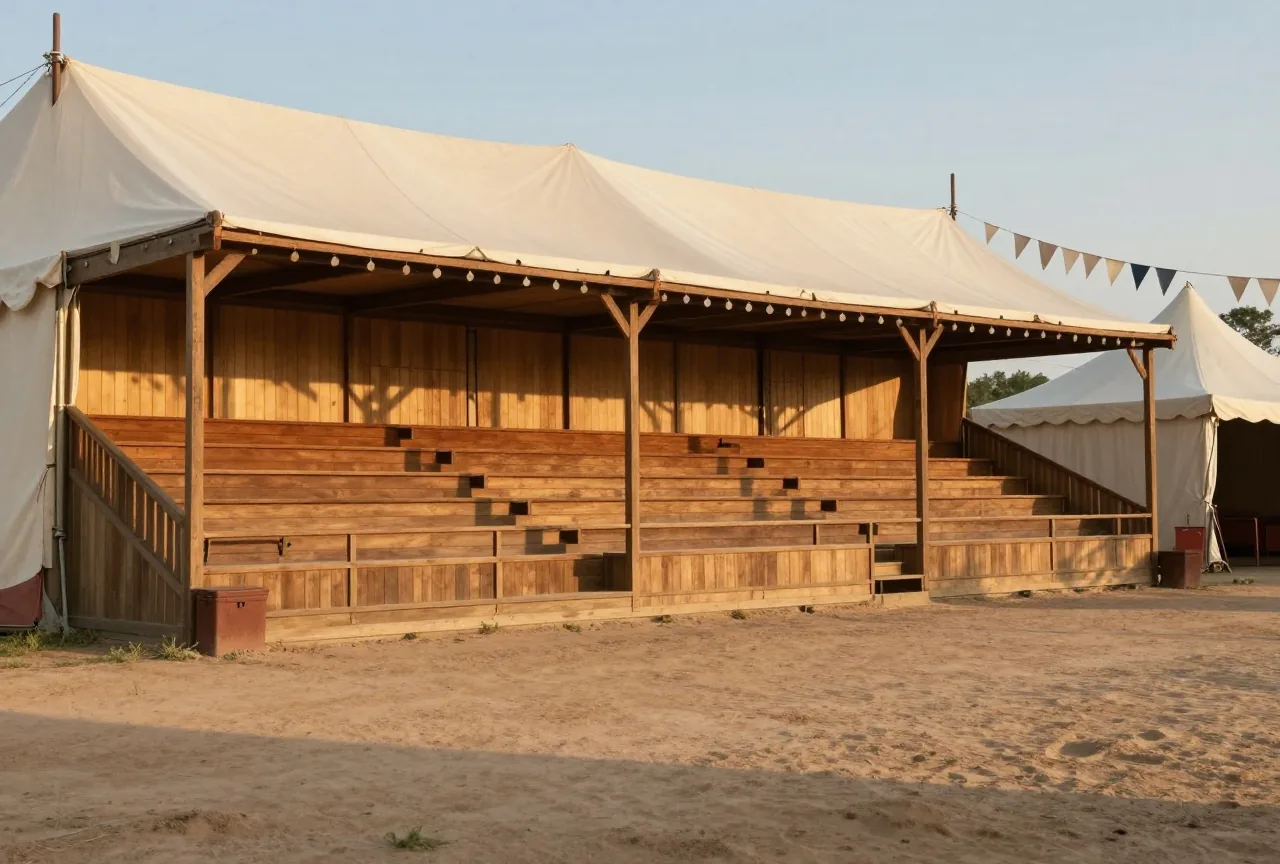 Leere hölzerne Zuschauertribüne an einer staubigen Arena, dahinter große Zelte aus hellem Segeltuch und flatternde Wimpel ohne Schrift im warmen Abendlicht
