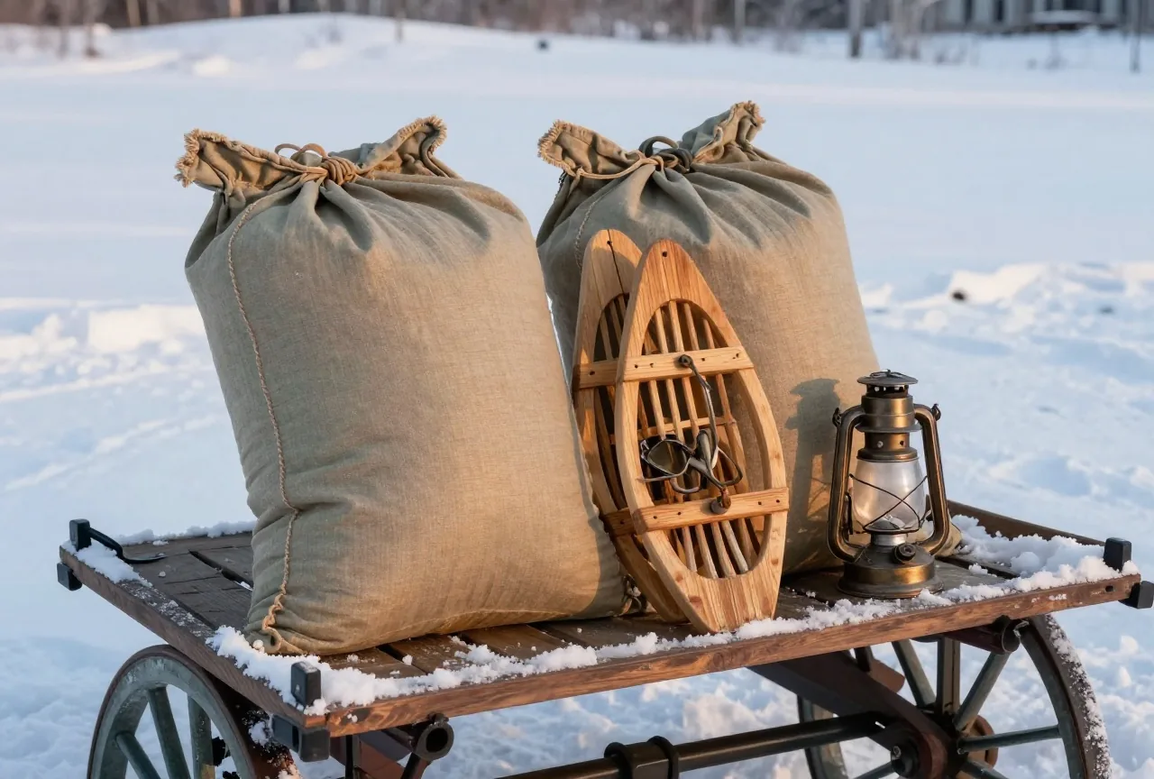 Zwei Postsäcke aus grobem Segeltuch ohne Aufschrift, ein Paar hölzerne Schneeschuhe und eine Laterne auf dem Kutschbock eines Wagens im Schnee, kaltes Abendlicht