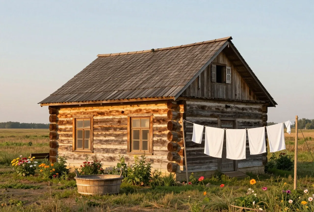 Kleines Holzhaus mit Blumengarten am Rand einer Präriestadt, davor ein Waschzuber und eine Wäscheleine mit weißen Tüchern, warmes Abendlicht