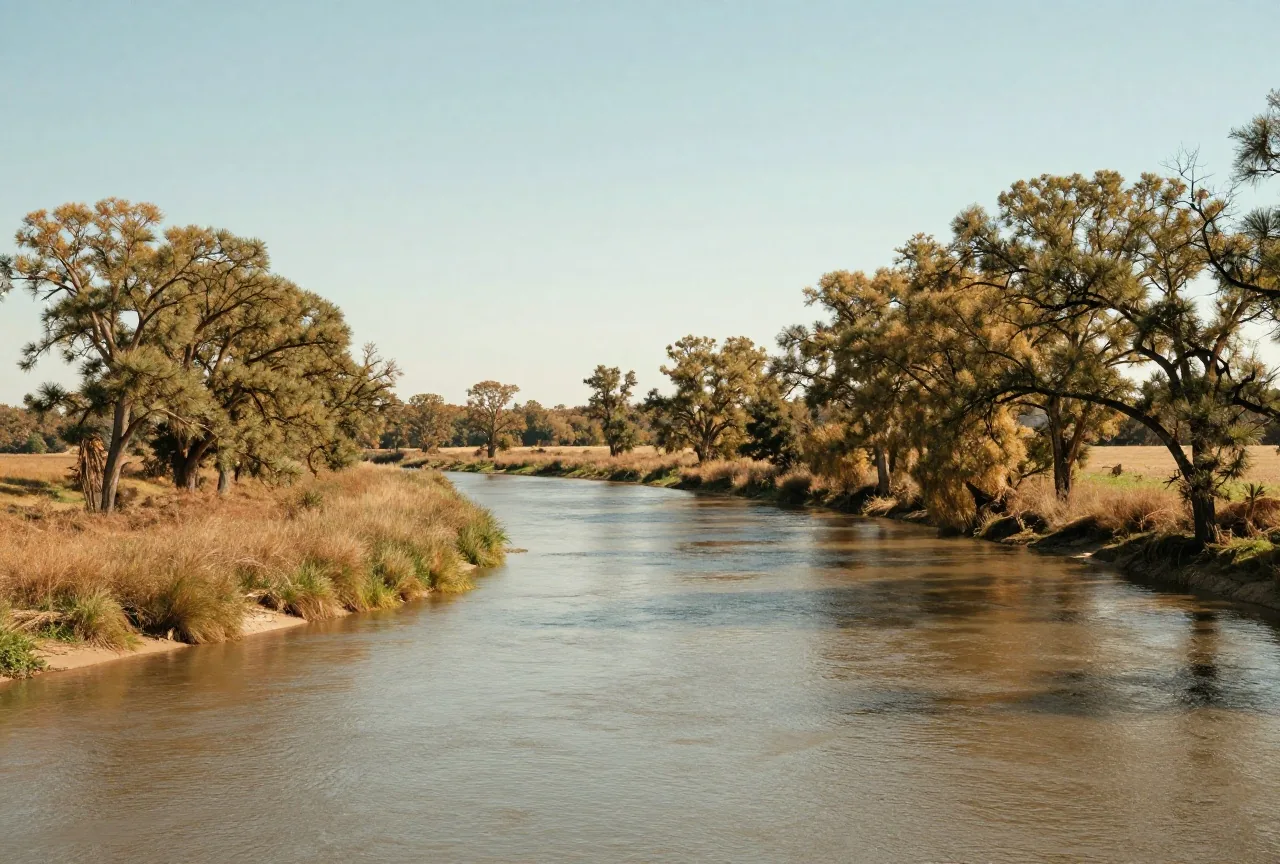 Weite Flussniederung, in der ein kleinerer Fluss in einen breiten Strom mündet, Ufer mit Platanen und Weiden, hohes Gras und eine Prärielichtung im Herbst unter weitem Himmel