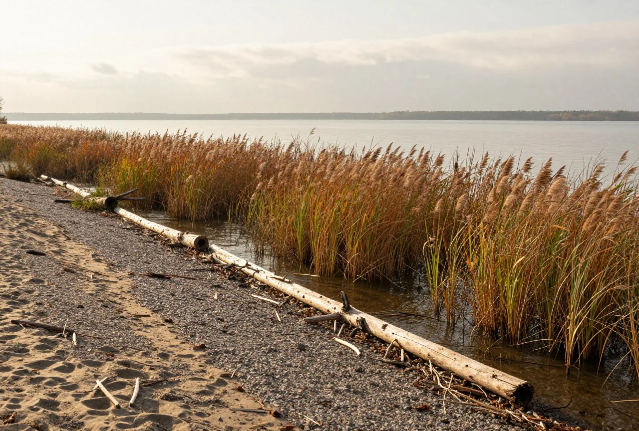 Ufer eines großen Sees im Herbst mit Schilf und Treibholz, ein schmaler Kiesstrand, am Horizont dunstiges Wasser und Wolken im warmen Abendlicht