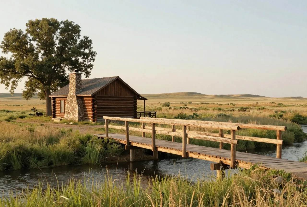 Niedriges Blockhaus aus behauenen Stämmen mit Steinkamin an einem baumgesäumten Bach in der Prärie von Nebraska, davor eine einfache Holzbrücke, hohes Sommergras im späten Nachmittagslicht