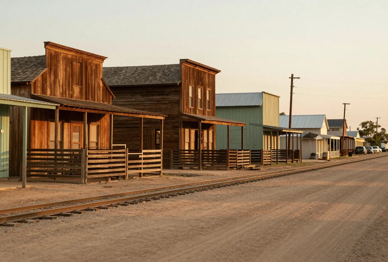 Breite, staubige Straße einer Rinderstadt in Kansas mit hölzernen Häusern mit hohen Scheinfassaden, am Ende Viehpferche aus Holz neben einem Bahngleis, warmes Abendlicht