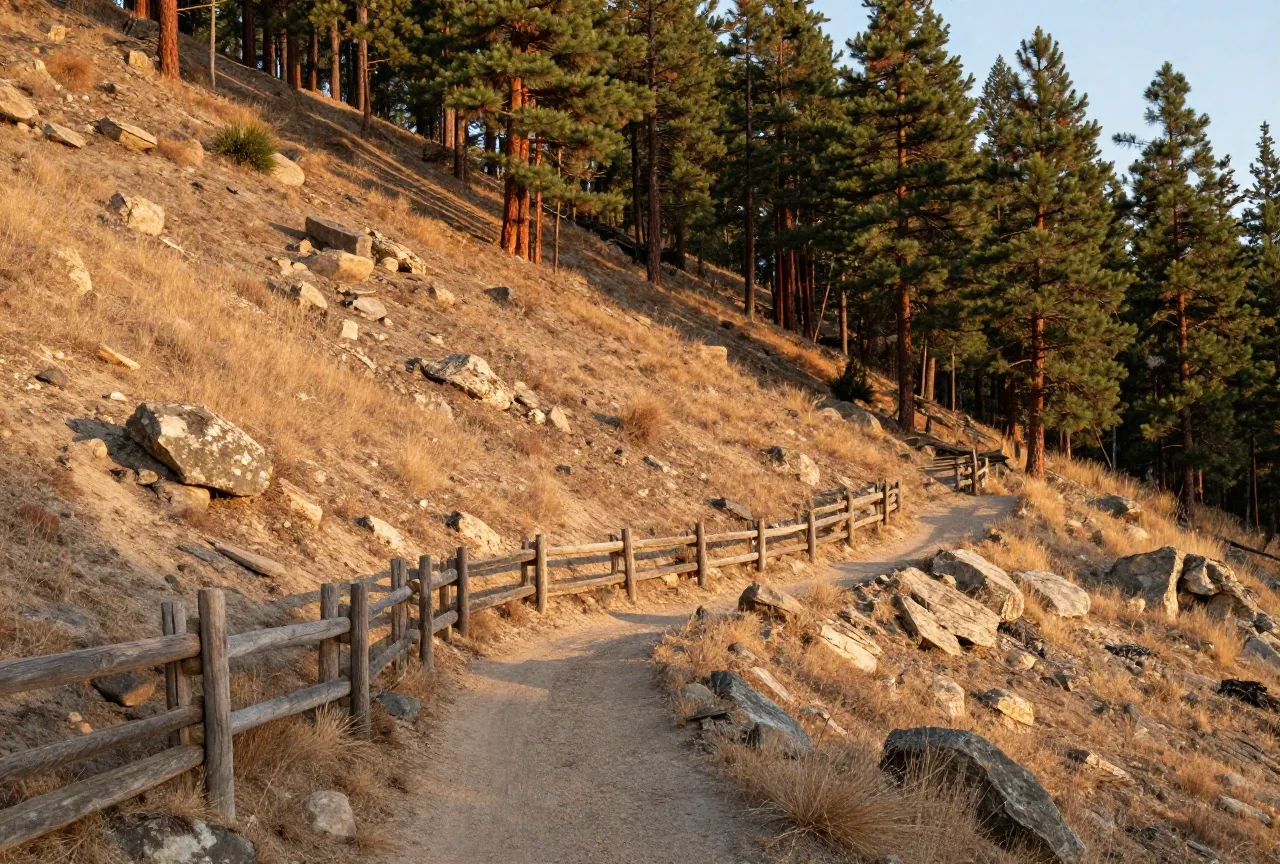 Steiler, mit Kiefern bewachsener Hang über einer engen Schlucht in den Black Hills, ein alter Holzzaun und ein schmaler Pfad im warmen Licht des späten Nachmittags