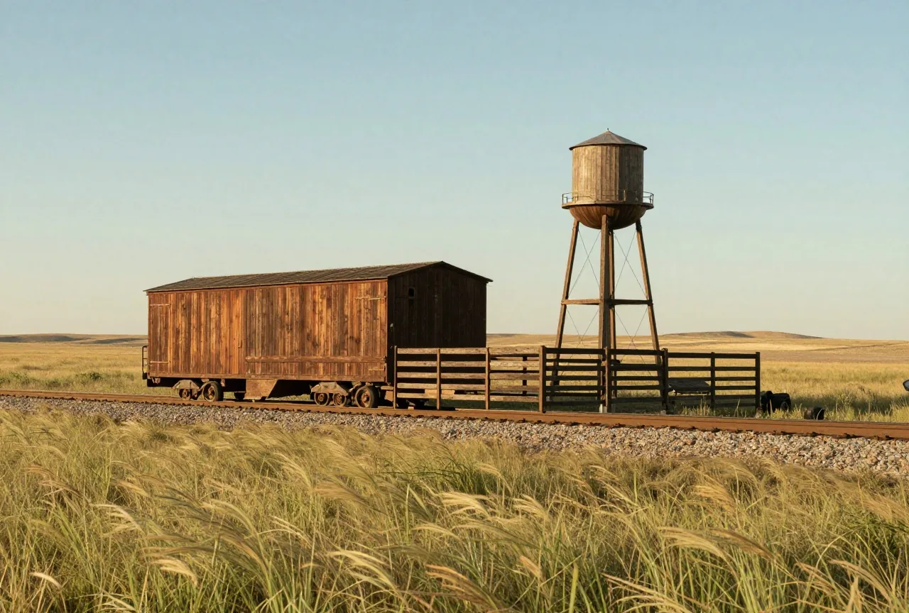 Hölzerne Viehpferche und eine Verladerampe neben einem einzelnen Bahngleis in der flachen Prärie, dahinter ein Wasserturm aus Holz im warmen Abendlicht