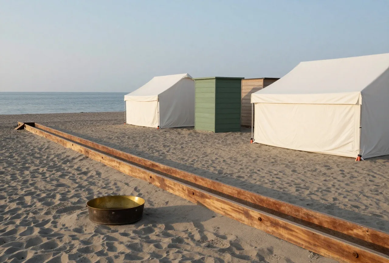 Lange Reihe weißer Zelte und einfacher Holzhütten an einem flachen, grauen Sandstrand unter einem kühlen Himmel, im Vordergrund Waschpfannen, Schaufeln und eine Holzrinne zum Goldwaschen