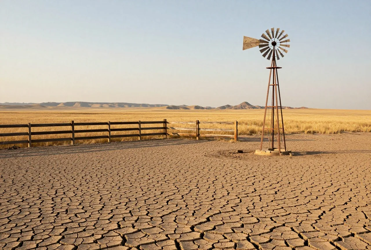 Ausgetrocknetes Weizenfeld mit rissiger Erde, ein Holzzaun und eine Windmühle zum Wasserpumpen unter einem dunstigen, heißen Himmel in der Prärie Montanas