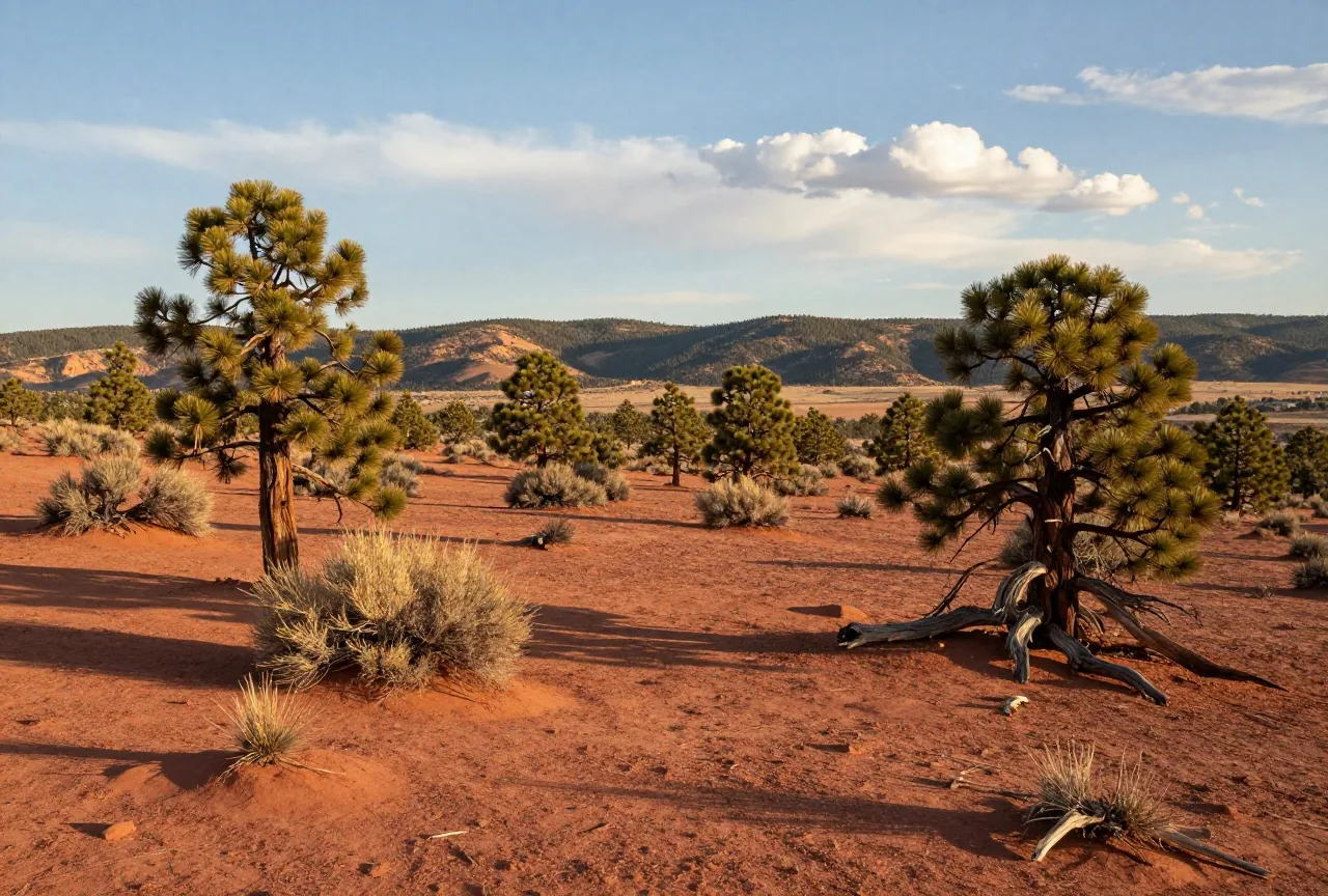 Hochebene mit rötlicher Erde, Pinyon-Kiefern und Wacholder, dahinter bewaldete Bergrücken unter hohen Wolken im späten Nachmittagslicht