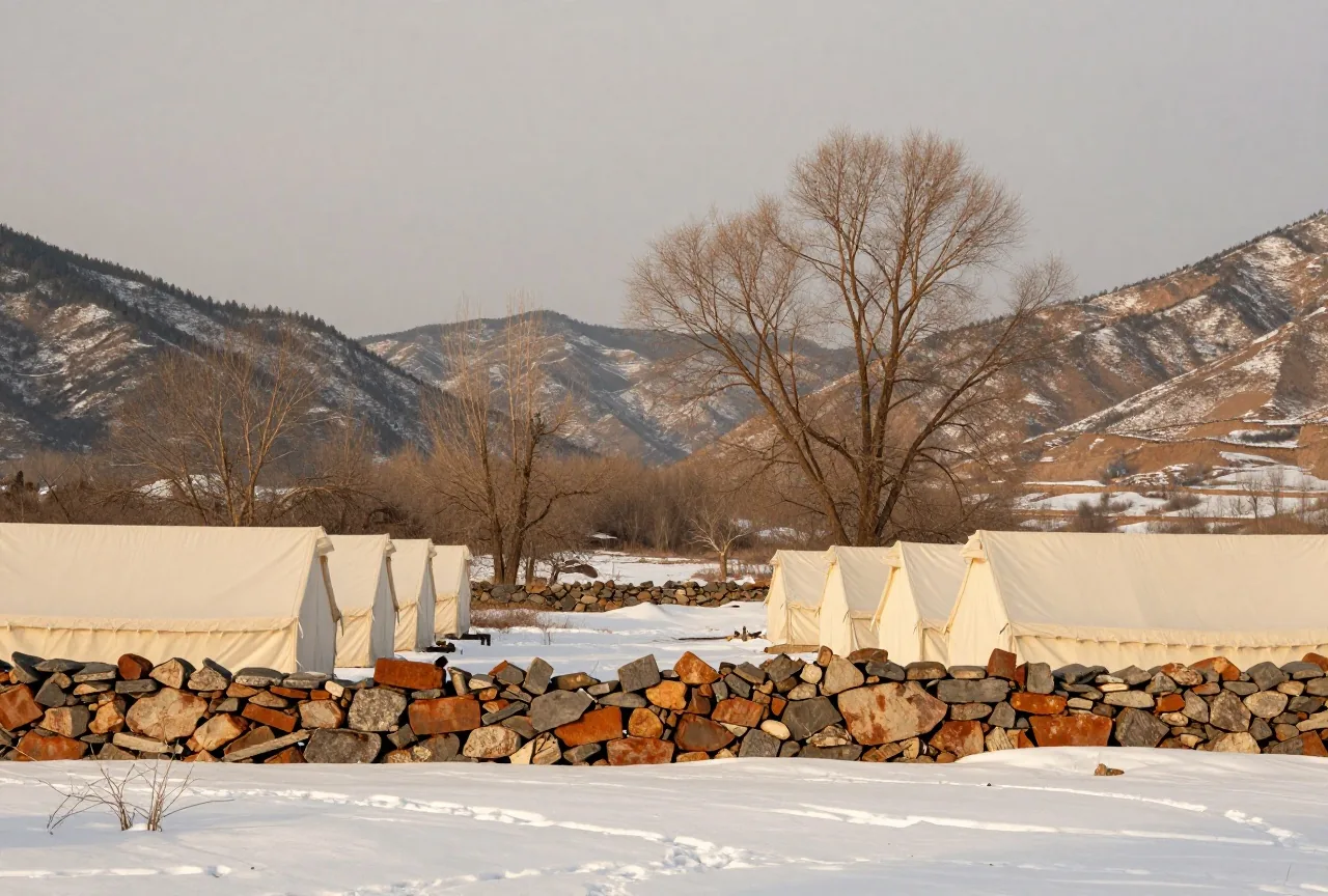 Verschneite Ebene mit hellen Zelten aus Segeltuch neben den Resten einer niedrigen Steinmauer, dahinter kahle Pappeln und Berge unter grauem Winterhimmel