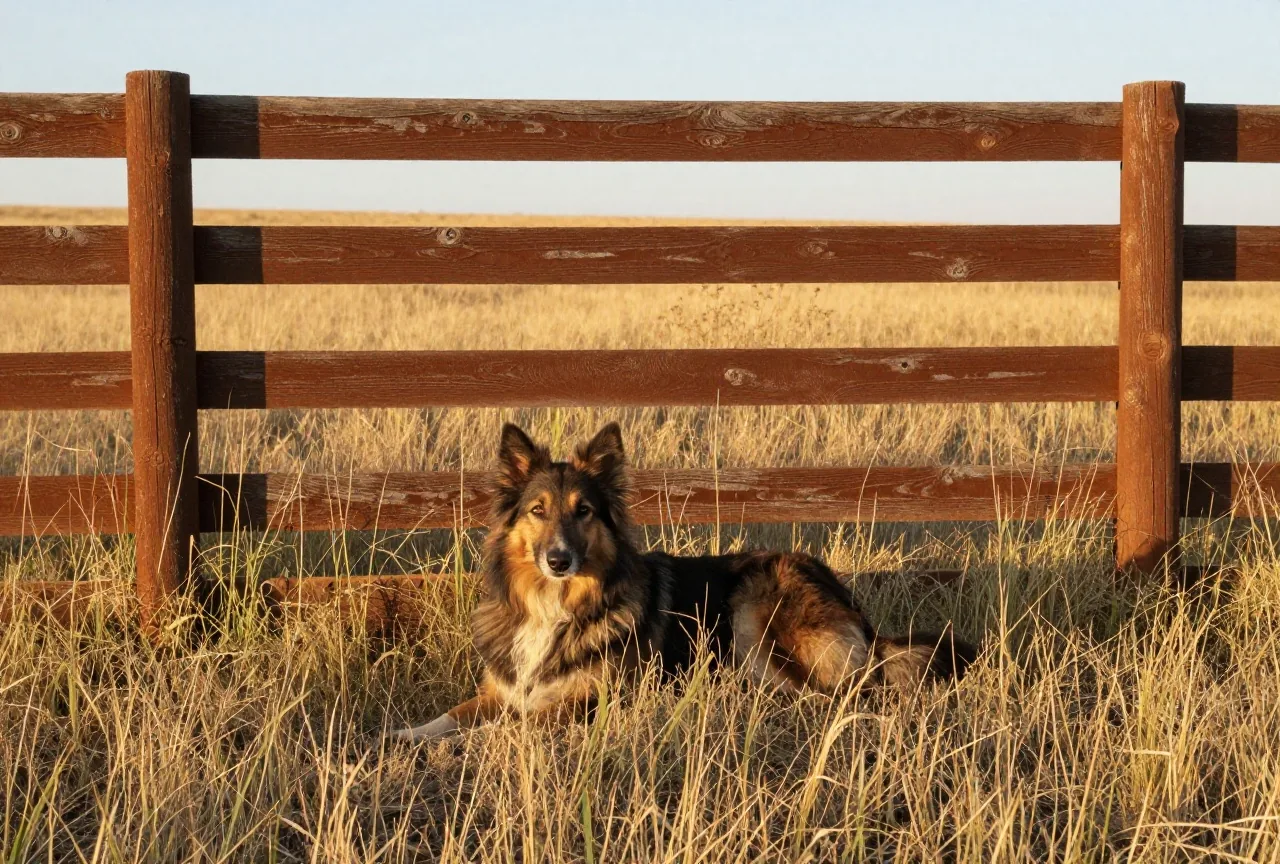 Langhaariger Hütehund liegt im hohen Gras vor einem verwitterten Holzzaun, dahinter eine weite Prärie im warmen Licht des späten Nachmittags