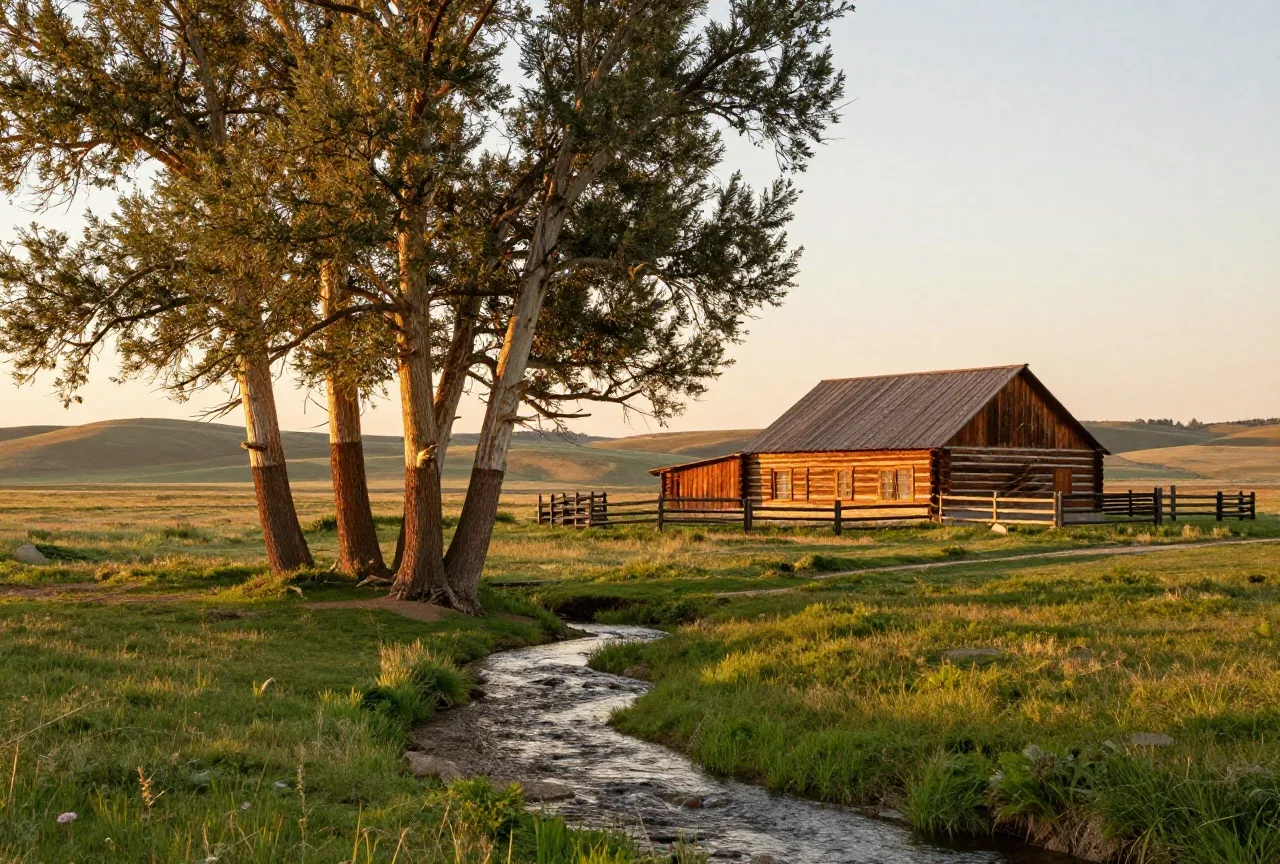 Grüne Wiese mit einem klaren Bach und Pappeln, dahinter ein Blockhaus und ein Holzpferch, im warmen Licht des späten Nachmittags; Unterschrift: Weide am Bach, nachempfunden