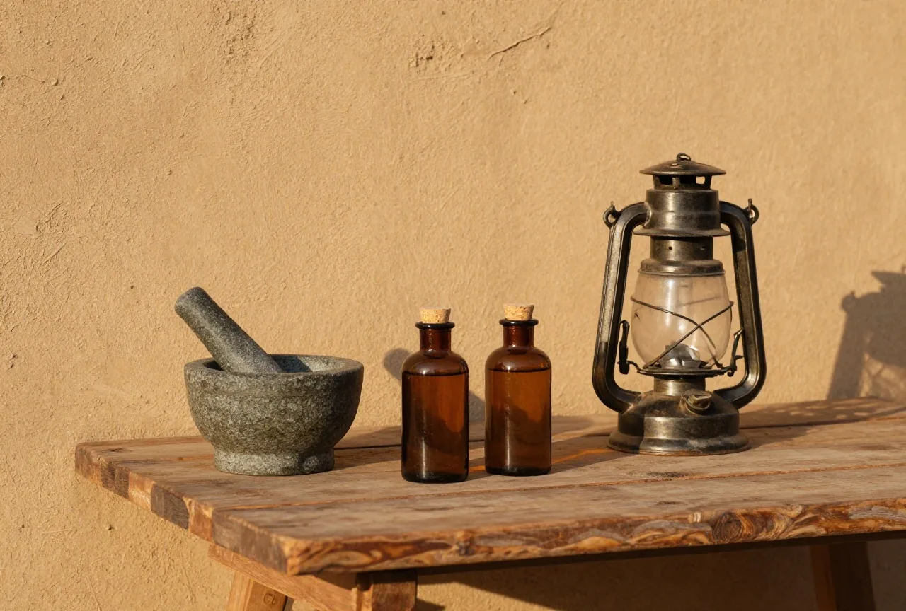 Braune Glasfläschchen, ein Steinmörser und eine Petroleumlampe auf einem rohen Holztisch vor einer verputzten Lehmwand im warmen Lampenlicht