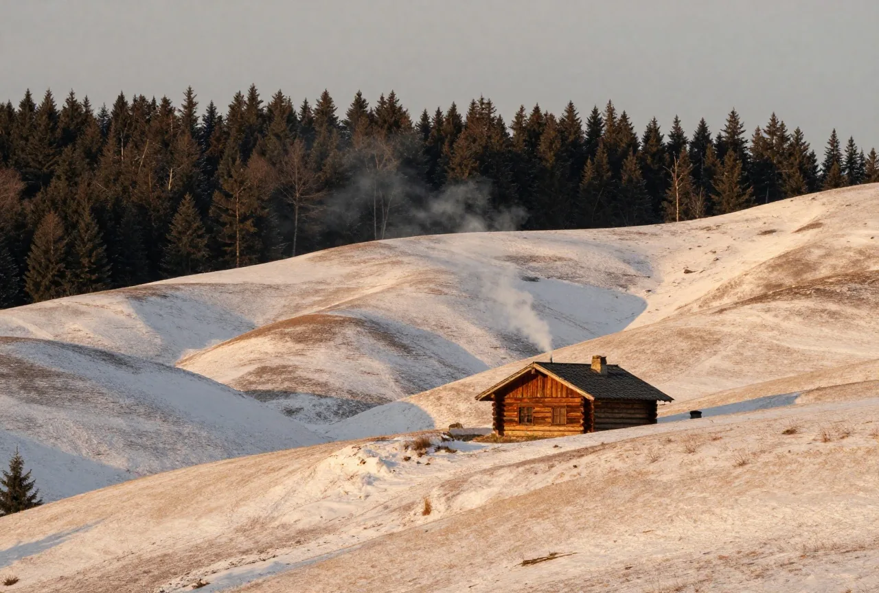 Verschneite Hügel mit dunklem Nadelwald und einem einzelnen Blockhaus, aus dessen Schornstein Rauch steigt, im fahlen Winterlicht