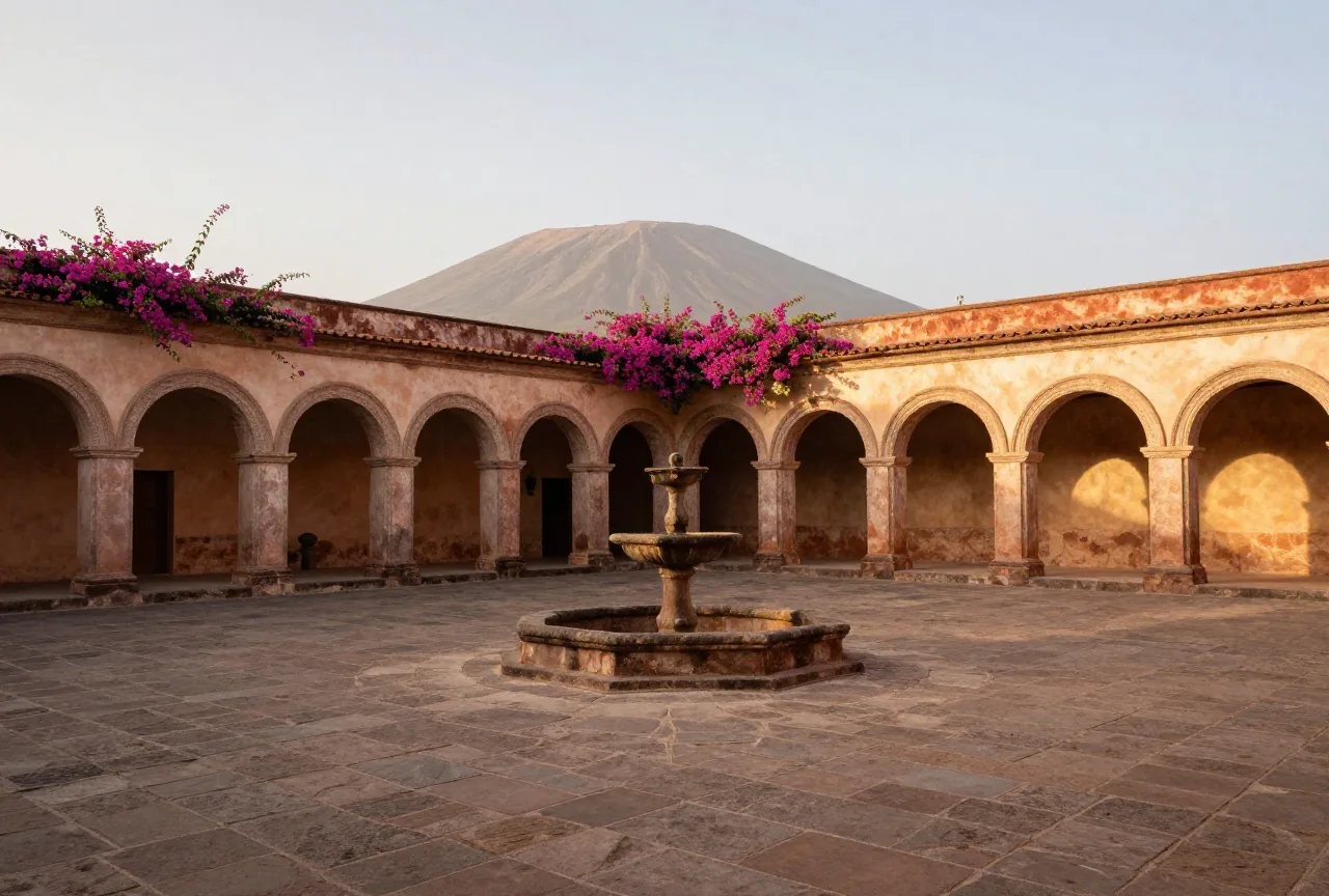 Leerer Innenhof einer alten mexikanischen Hacienda mit Bogengang, trockenem Steinbrunnen und Bougainvillea an den Mauern, dahinter Vulkanberge im Dunst