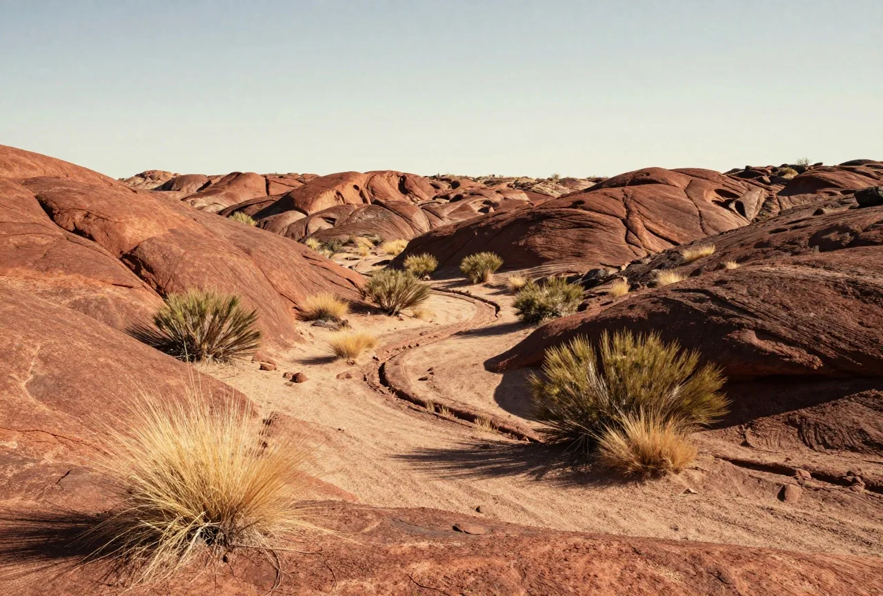 Rostrote Felshügel in Südarizona mit Büschelgras und Kreosotbüschen im hellen Mittagslicht