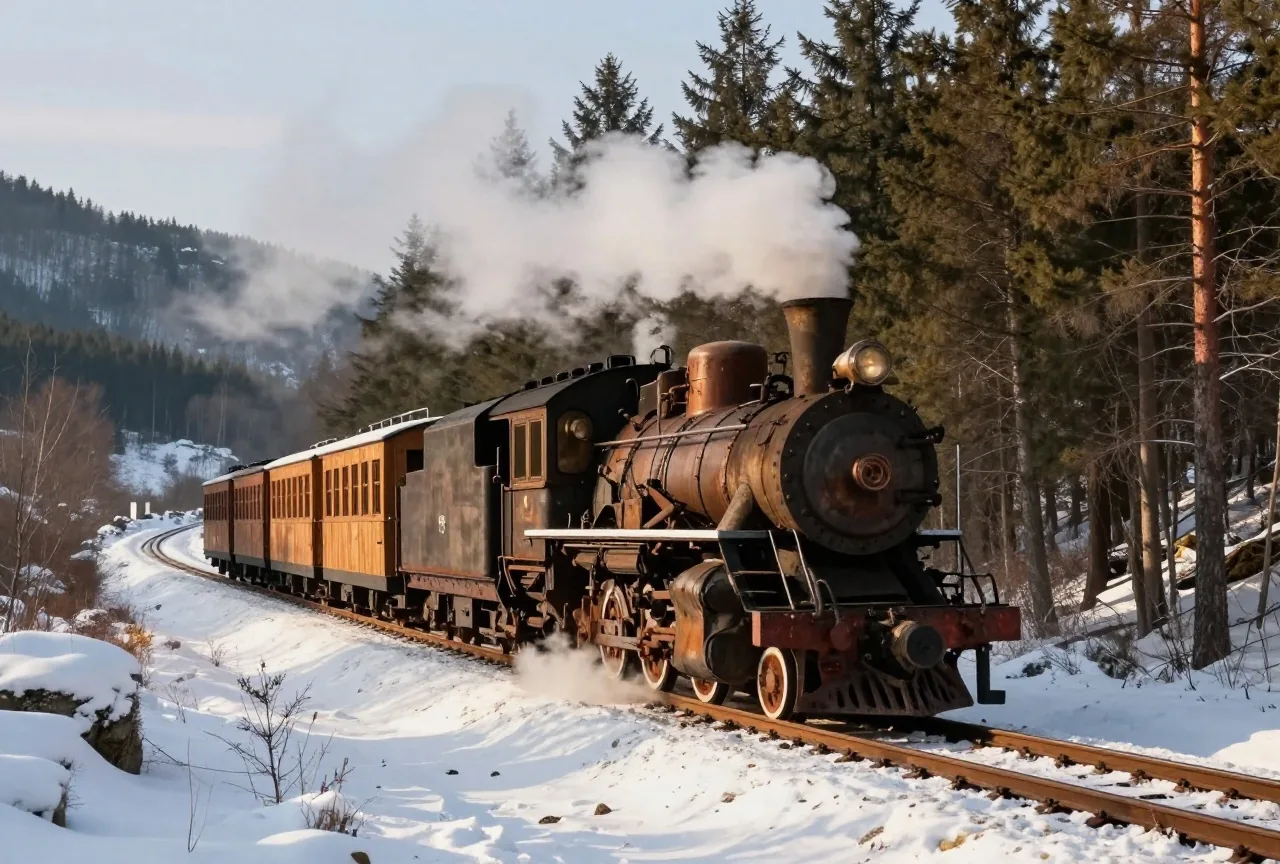 Eine Dampflokomotive mit wenigen hölzernen Wagen steht auf einer Strecke in einem verschneiten Gebirgspass zwischen dunklen Kiefern, kaltes Winterlicht
