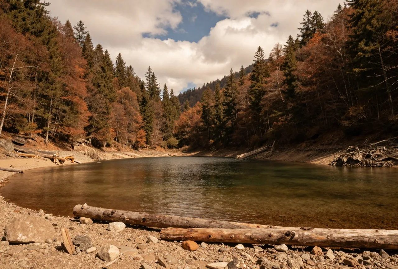 Waldsee in einem Bergtal mit dichtem Buchen- und Fichtenwald an steilen Hängen im Licht der späten Nachmittagssonne
