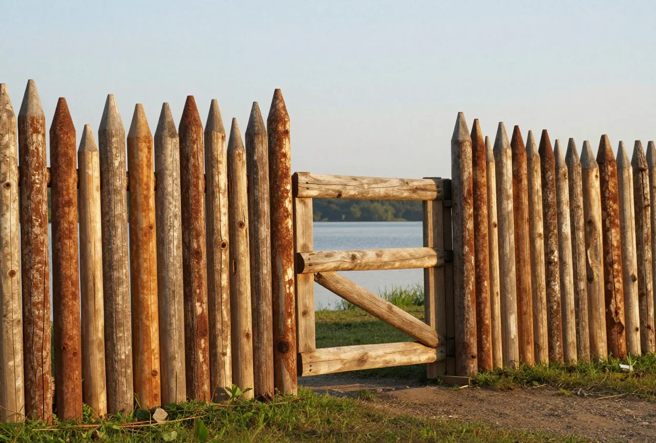 Hölzerne Palisade eines kleinen Forts aus dem 18. Jahrhundert am Rand eines Mischwalds an einem See im Licht der späten Nachmittagssonne