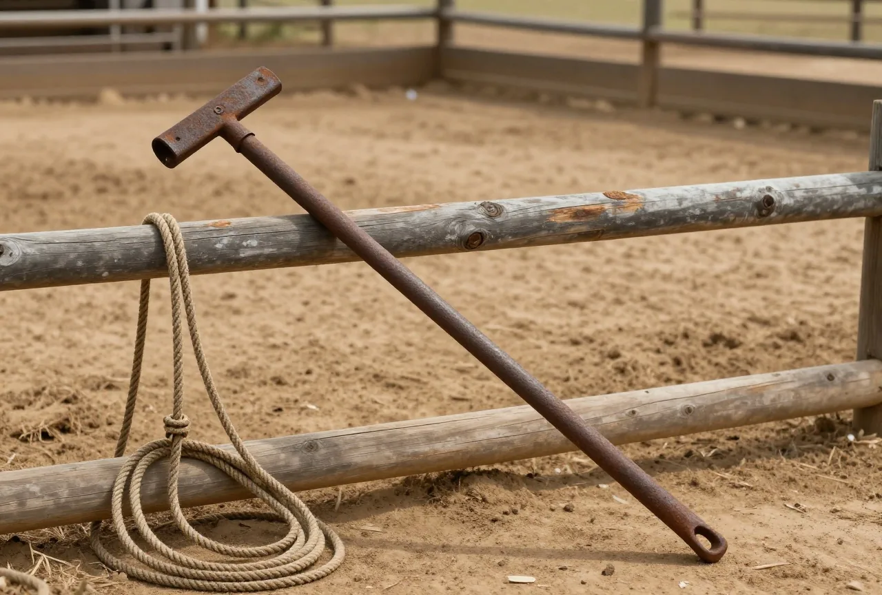 Brenneisen mit langem, geradem Kopf auf dem verwitterten Holzbalken eines Korrals, daneben ein aufgerolltes Lasso, warmes Nachmittagslicht
