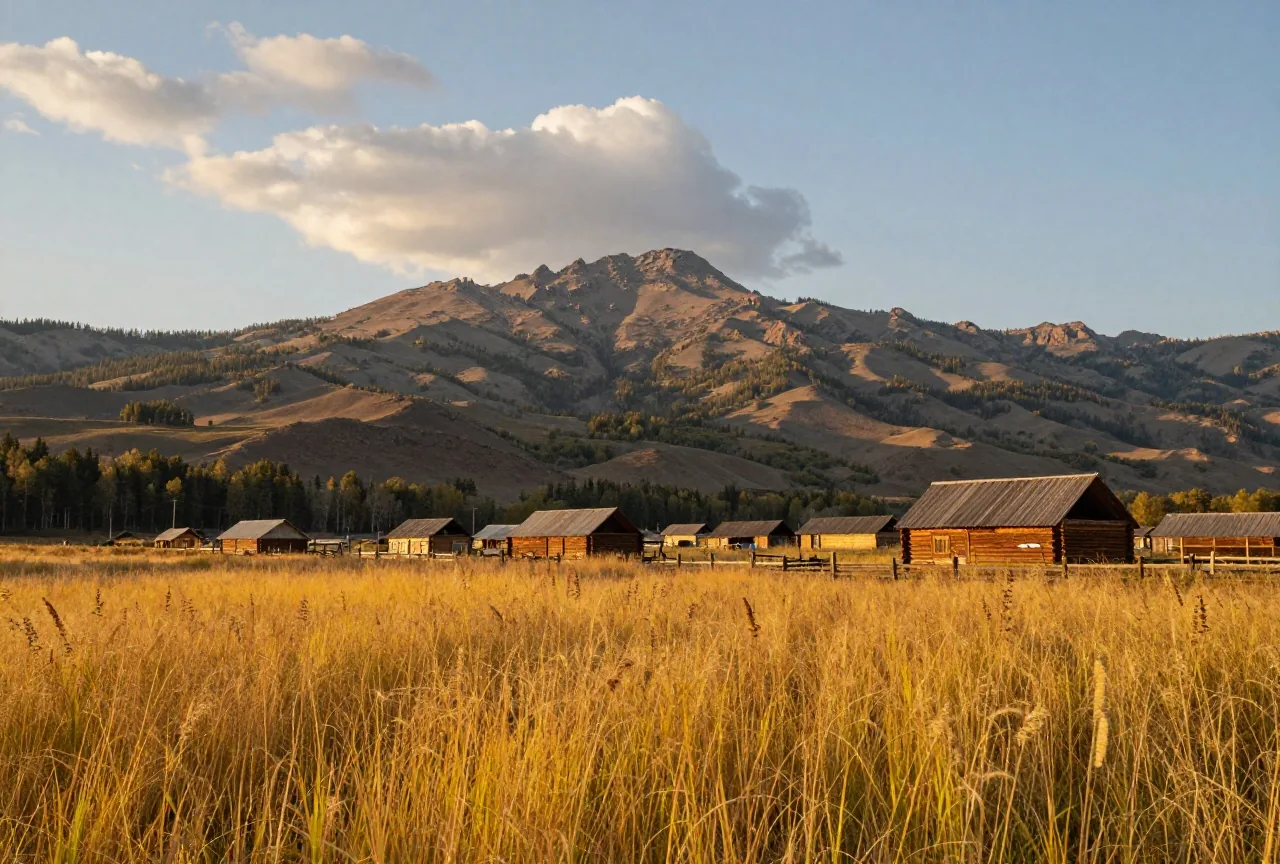 Weite Prärie mit gelbem Gras vor den Vorbergen der Rocky Mountains, darauf ein kleiner Weiler aus unbemalten Holzhäusern unter hohen Wolken im Abendlicht