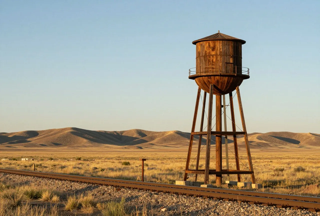 Hölzerner Wasserturm an einer eingleisigen Bahnstrecke in einer weiten Graslandschaft mit flachen Hügeln, die tief stehende Abendsonne wirft lange Schatten