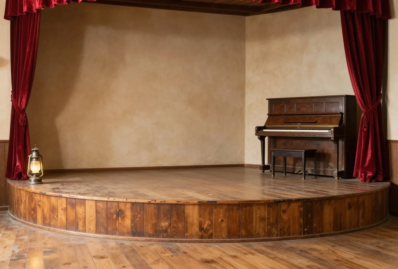 Eine kleine leere Holzbühne in einem Tanzsaal mit Öllampen an der Rampe, einem verstaubten Klavier an der Seite und halb zugezogenen roten Samtvorhängen