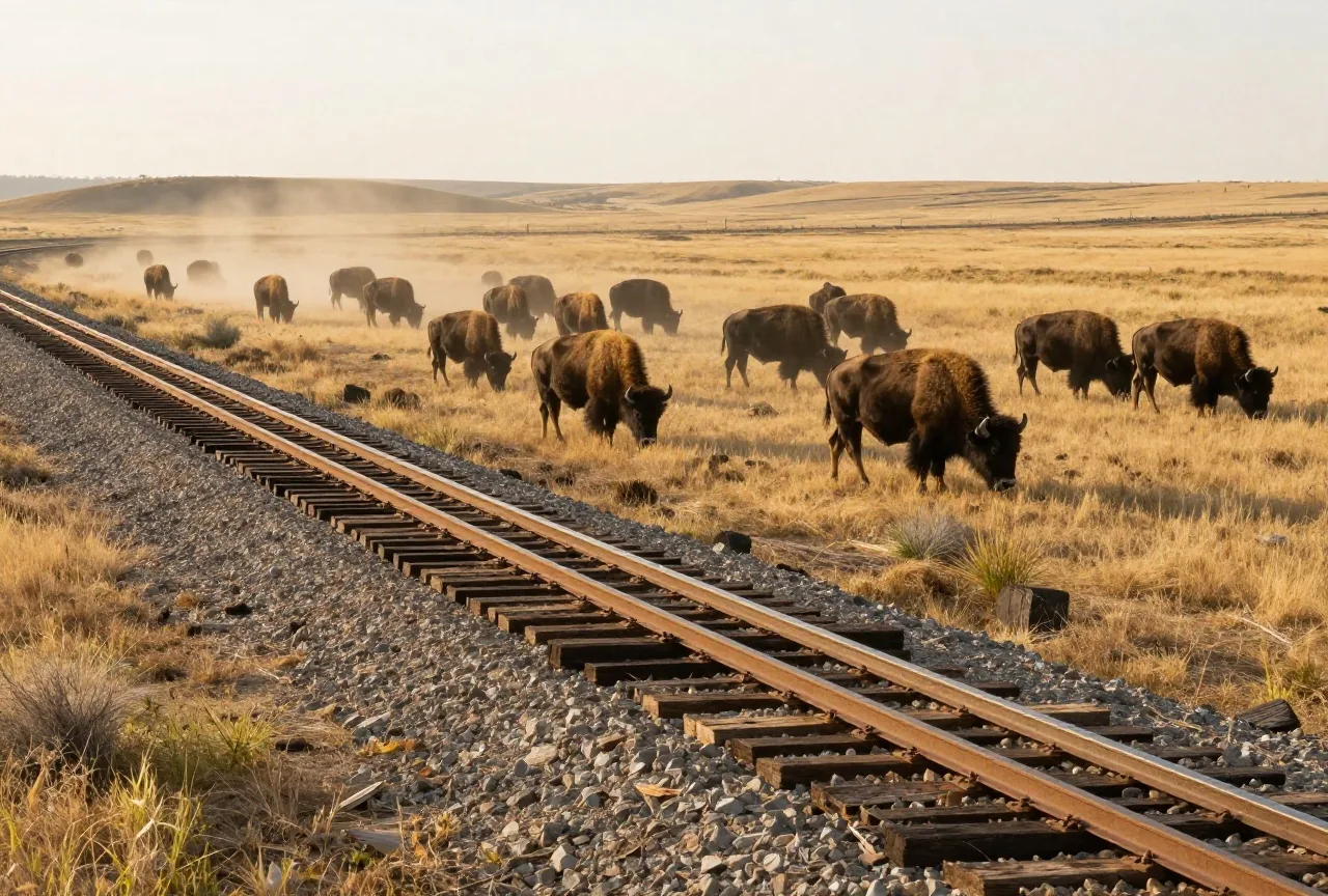 Bisonherde auf einer Grasebene neben einem frisch verlegten Gleis mit gestapelten Holzschwellen