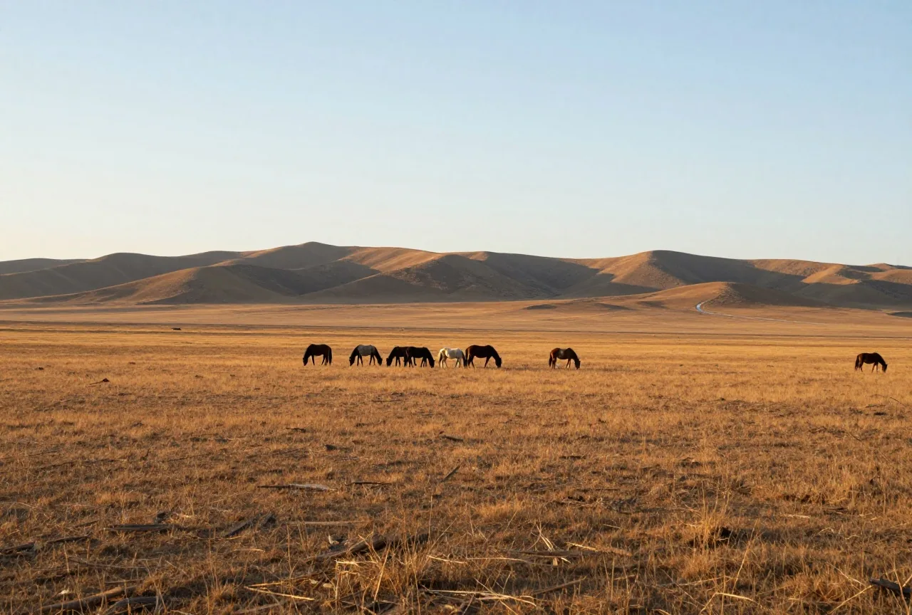 Weite Grassteppe unter hohem Himmel mit einer kleinen Herde grasender Pferde, am Horizont flache Berge im Licht der späten Nachmittagssonne