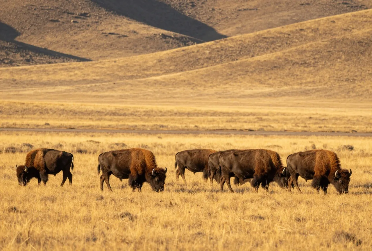 Kleine Herde von Bisons grast auf einer weiten, goldgelben Grasebene vor niedrigen Hügeln im warmen Abendlicht