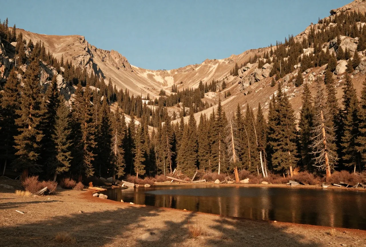 Bewaldetes Hochgebirgstal mit Fichten und einem klaren Bergsee, dahinter kahle Felsgrate unter blauem Himmel im späten Nachmittagslicht