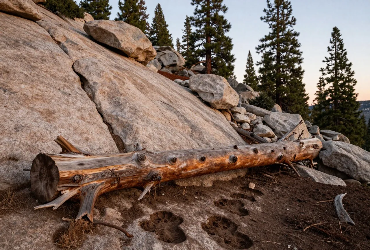 Steiler Hang in der Sierra Nevada mit hohen Kiefern und hellen Granitfelsen, im Vordergrund ein umgestürzter Baumstamm und Bärenspuren im feuchten Boden, weiches Abendlicht
