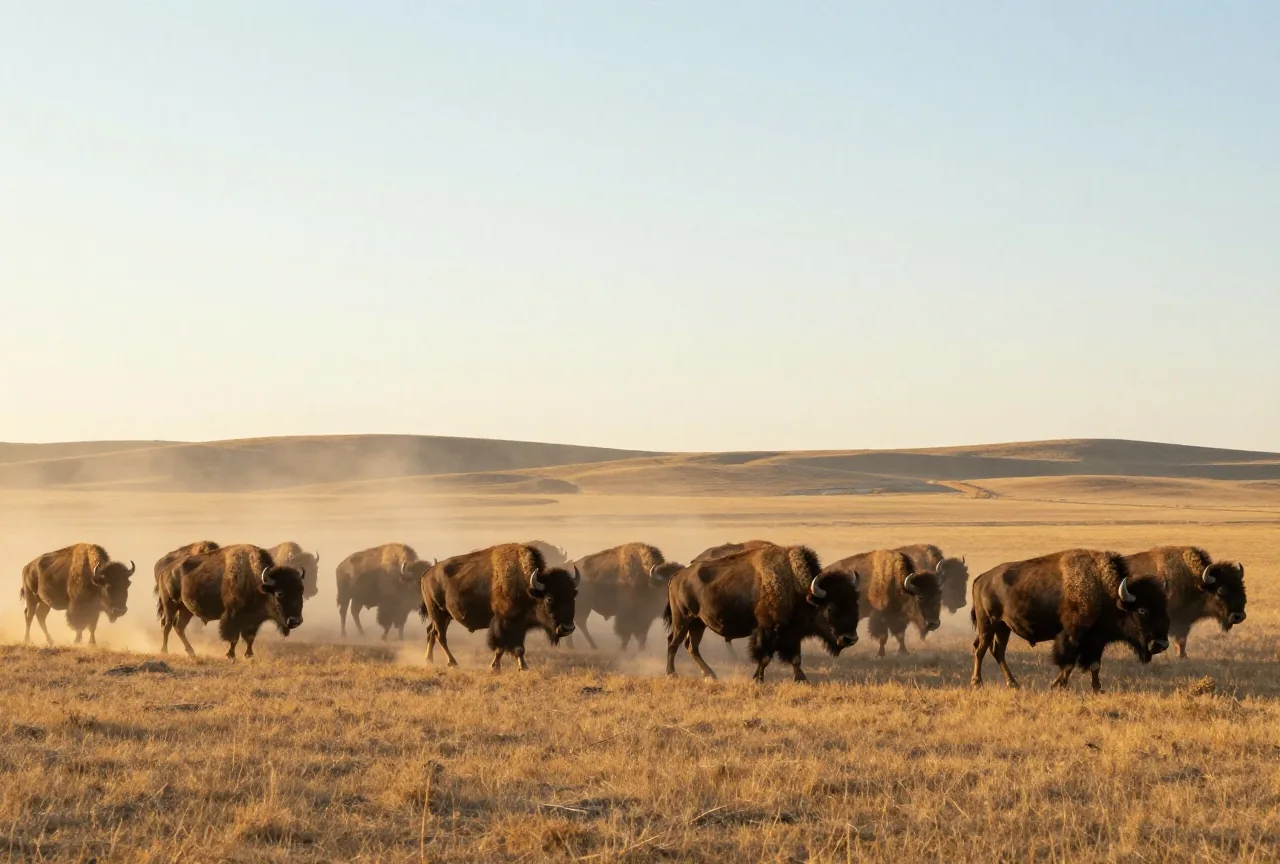Große Bisonherde auf welligem Grasland unter weitem Himmel, Staub über den Tieren im warmen Nachmittagslicht