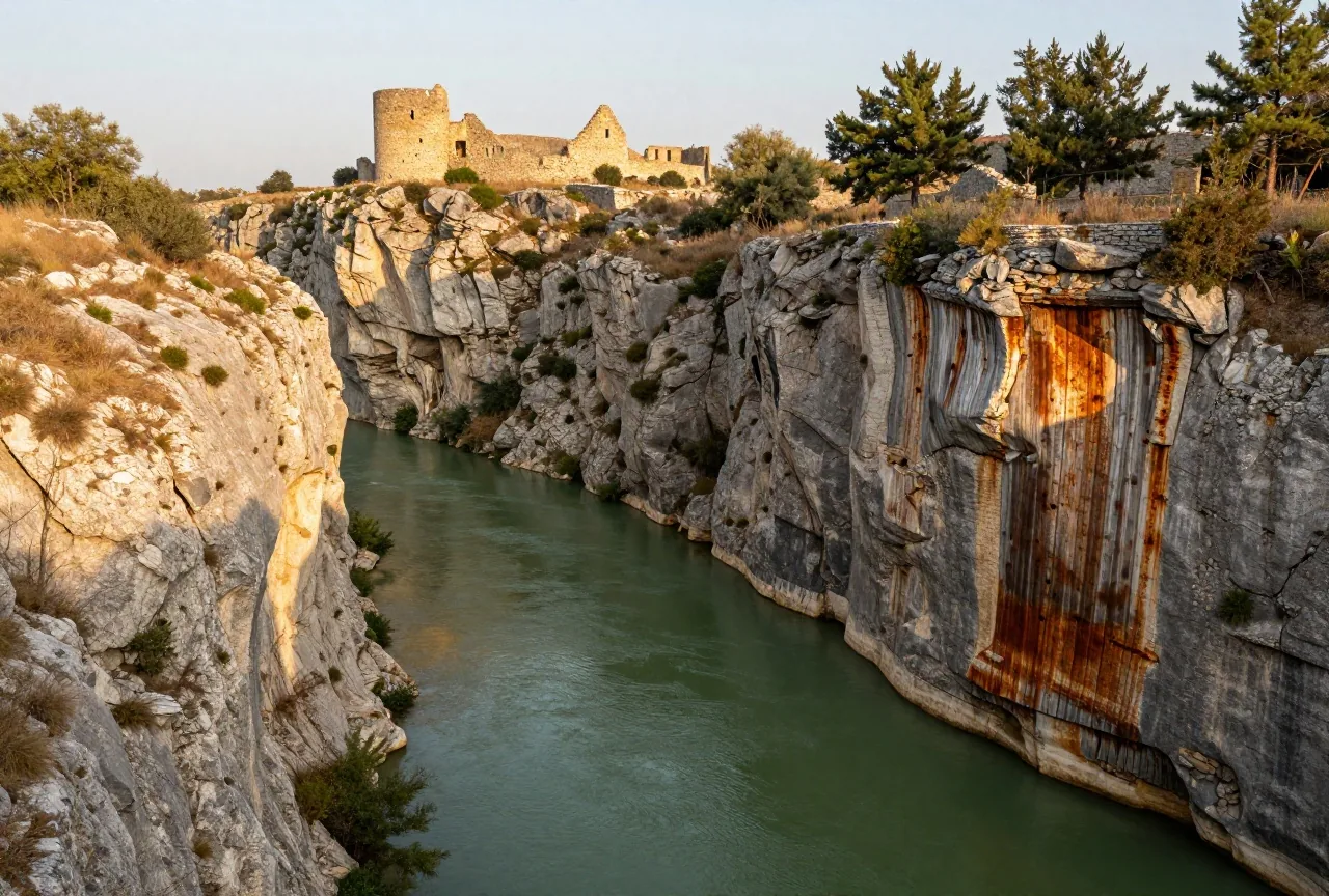 Tiefe Karstschlucht, durch die sich ein grüner Fluss zwischen steilen grauen Kalkfelsen windet, oben auf der Felskante die Ruine einer kleinen Steinfestung im Licht der späten Nachmittagssonne