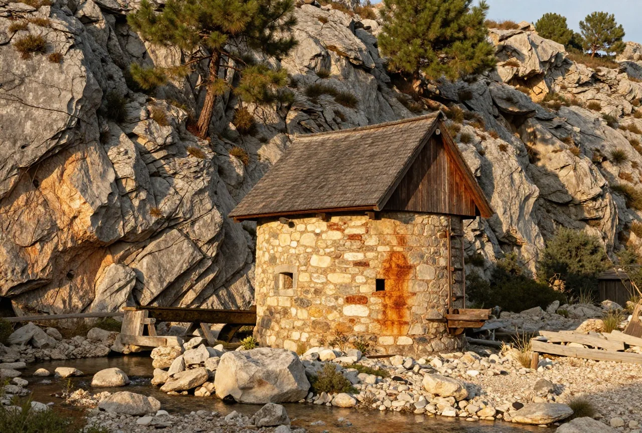 Alte Steinmühle mit verwittertem Holzdach am Rand eines steinigen Bachbetts unter hohen grauen Kalkfelsen