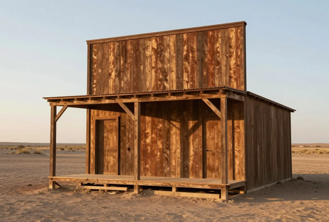 Ein einzelner hölzerner Saloon mit hoher Schaufassade steht in einer staubigen Ebene, seine Rückseite ist offen und wird von Holzbalken gestützt wie eine Filmkulisse