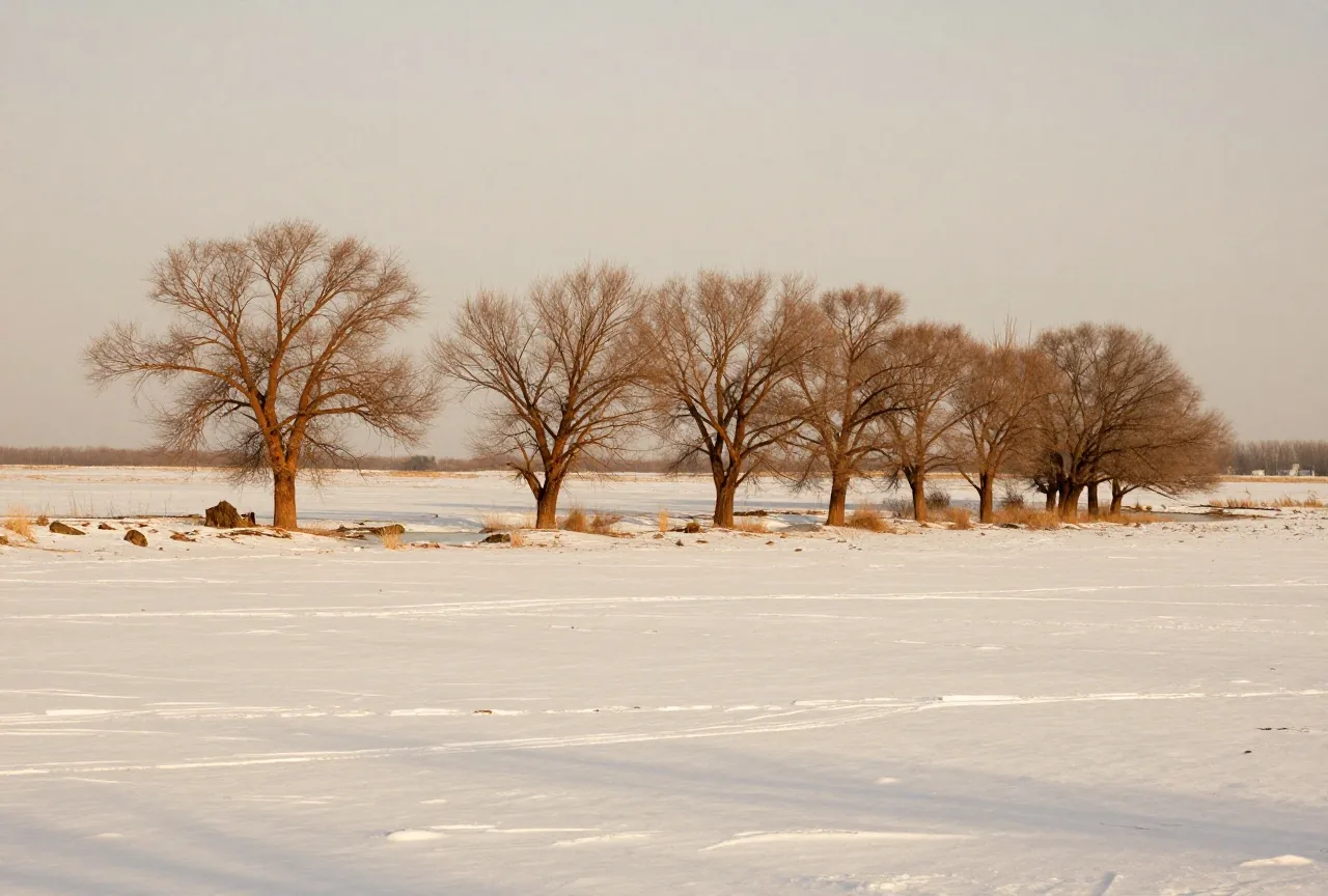 Verschneite Ebene mit kahlen Pappeln an einem zugefrorenen Bach unter grauem Winterhimmel