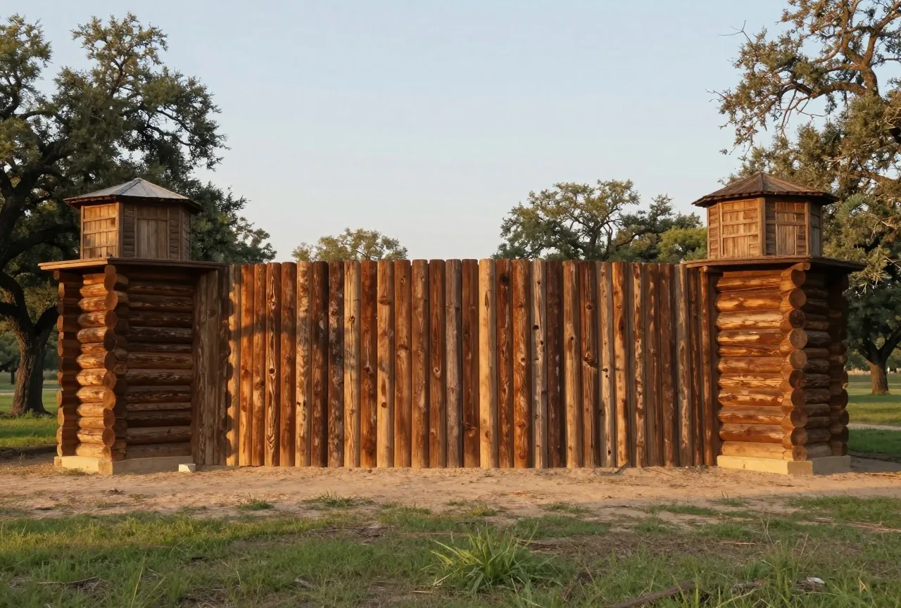 Nachgebautes Holzfort mit Palisade und zwei Blockhäusern an den Ecken in einer texanischen Eichenlandschaft