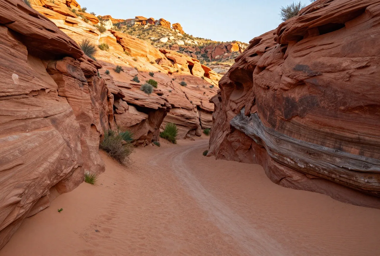 Rote Sandsteinfelsen und Hänge mit Wacholder über einem trockenen Bachbett im Süden Utahs, ein Reitpfad führt in einen Canyon, warmes Licht am späten Nachmittag
