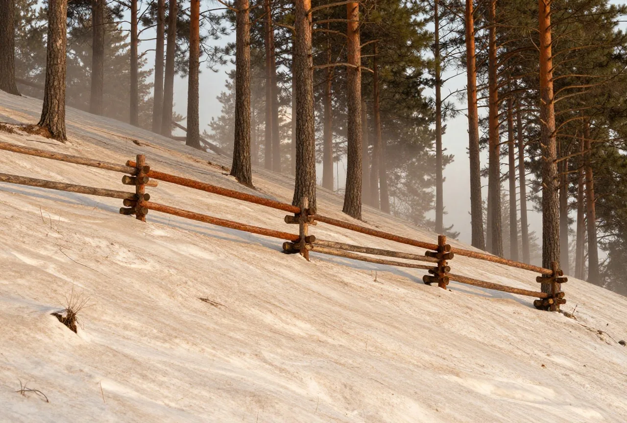 Verschneiter Berghang mit hohen Kiefern und einem Zaun aus gespaltenen Rundhölzern im weichen Winterlicht